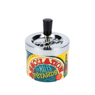 Popolník s poklopom "Association de mâles fetards" D 9 x H 12 cm, plech