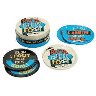 Podšálky okrúhle sada 6 ks v dóze "Pizza biére foot" 9,5 x H 3,5 cm, plech + korok