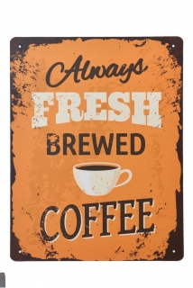 Vintage dekoračná tabuľka "Fresh brewed coffee", plech, 30x40