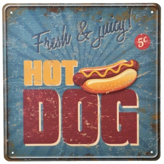 Vintage dekoračná tabuľka "Hot dog", plech, 30x30