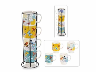 Sada 4 šálok "motív motýle" v kovovom stojane, porcelán, 430ml