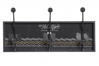 Nástenný vešiak "vintage wild style" 3 háčiky, čierny mdf metal, 45x8x22cm