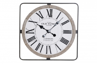 Nástenné vintage hodiny drevo mdf v kovovom ráme, biele, 60x4,5x60cm