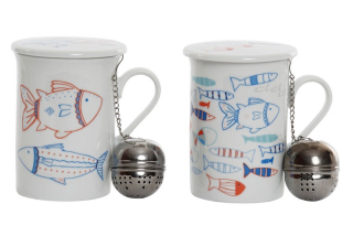 Hrnček na čaj s poklopom a sitkom, motív "rybičky", porcelán 10,5x8x11cm, 2 varianty