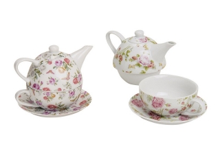 Čajník so šálkou a podšálkou, porcelán, "Dekor ruže a motýle"
