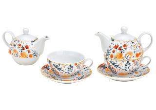 Čajník so šálkou a podšálkou s kvetinovým dekorom orange, porcelán