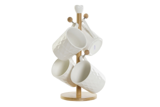 Sada 4 šálok 350ml "WHITE DROP" porcelán-bambus na stojane, 13x13x32 cm