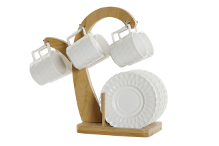 Kávová súprava "WHITE DROP" porcelán-bambus na stojane, 13ks, 26x12x25 cm
