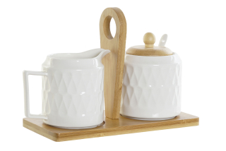 Cukornička a mliekovka "WHITE DROP" porcelán-bambus na podnose, 21x9,5x17 cm