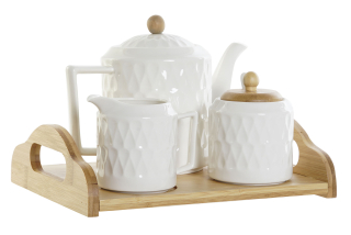 Čajová sada "WHITE DROP" porcelán-bambus na podnose, 4ks, 26x20x17 cm