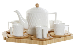 Kávová súprava, "WHITE DROP" porcelán-bambus, šálky 90ml s podšálkami na podnose, 14ks
