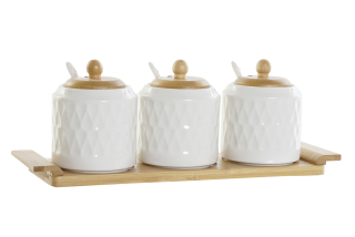 Sada 3x dóza na podnose "WHITE DROP", porcelán-bambus, 33x9x11,5 cm