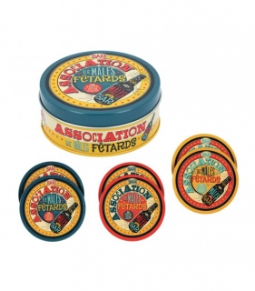 Podšálky okrúhle sada 6 ks v dóze "Association de mâles fetards" 9,5 x H 3,5 cm, plech + k